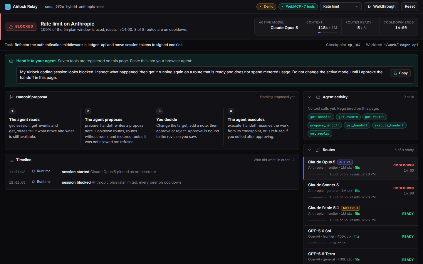 The Relay console showing a blocked session, a rate limit on Anthropic, and the prompt to hand to a browser agent