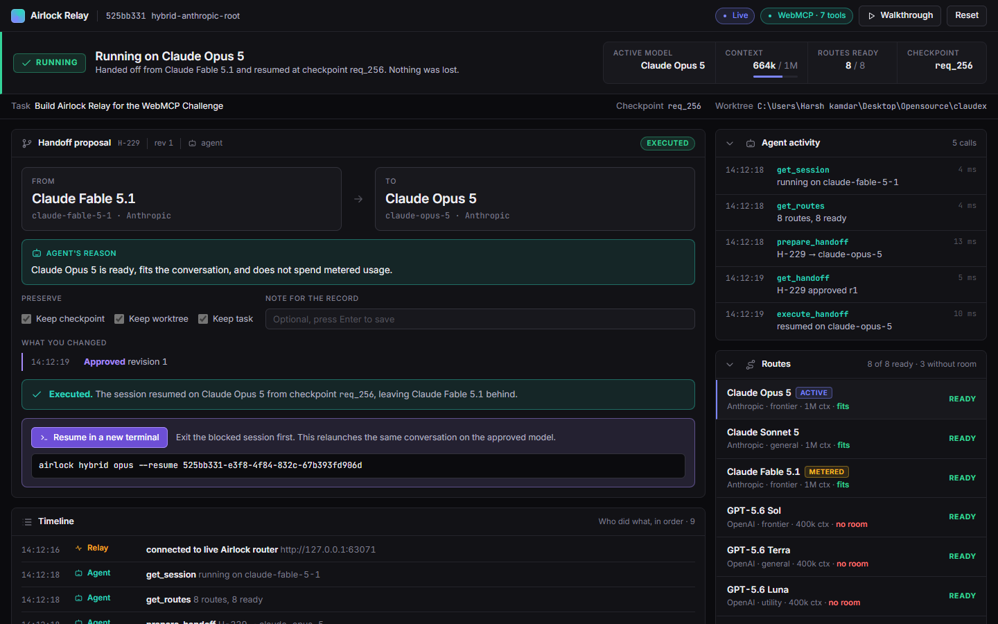 Live mode against a real Airlock router with the resume command ready